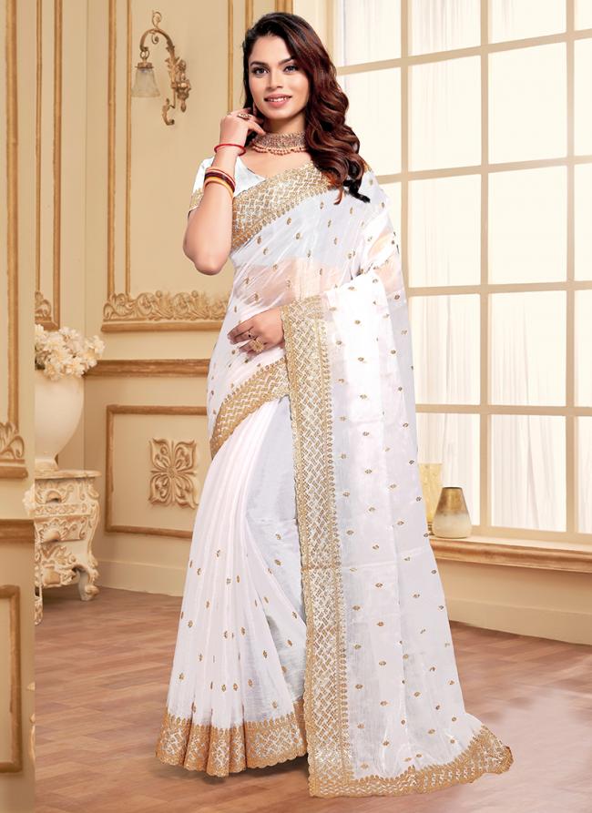 Jimmy Choo White Party Wear Embroidery Work Saree